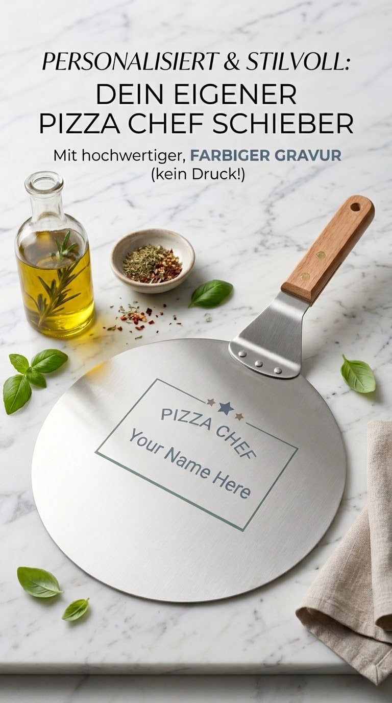 Personalisierter Pizzaheber aus Edelstahl mit farbiger MOPA-Gravur