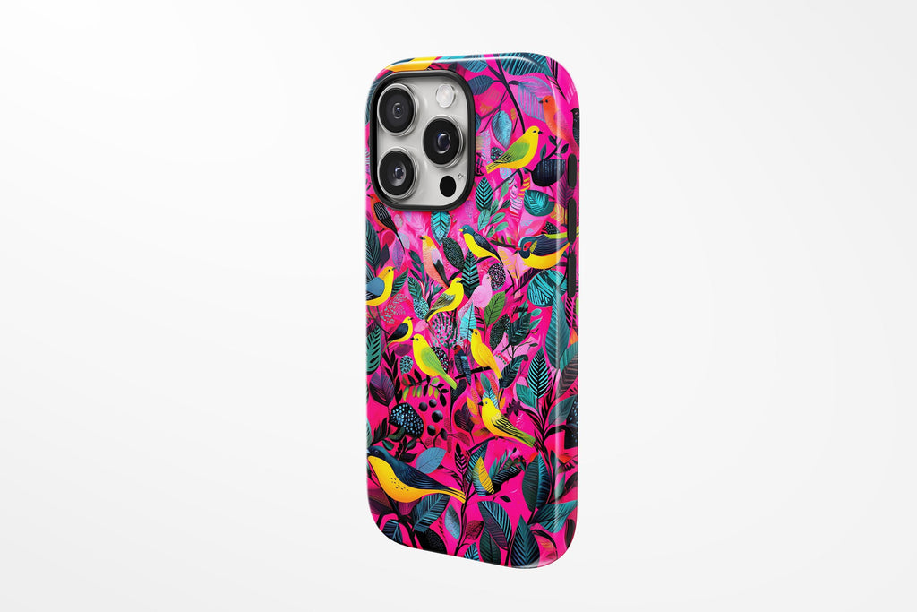 Tropische Vögel Handyhülle für iPhone Samsung S24 | Tough Case & Magnetische Hülle | Bunte Illustration Gelb Rosa | Versand aus Deutschland