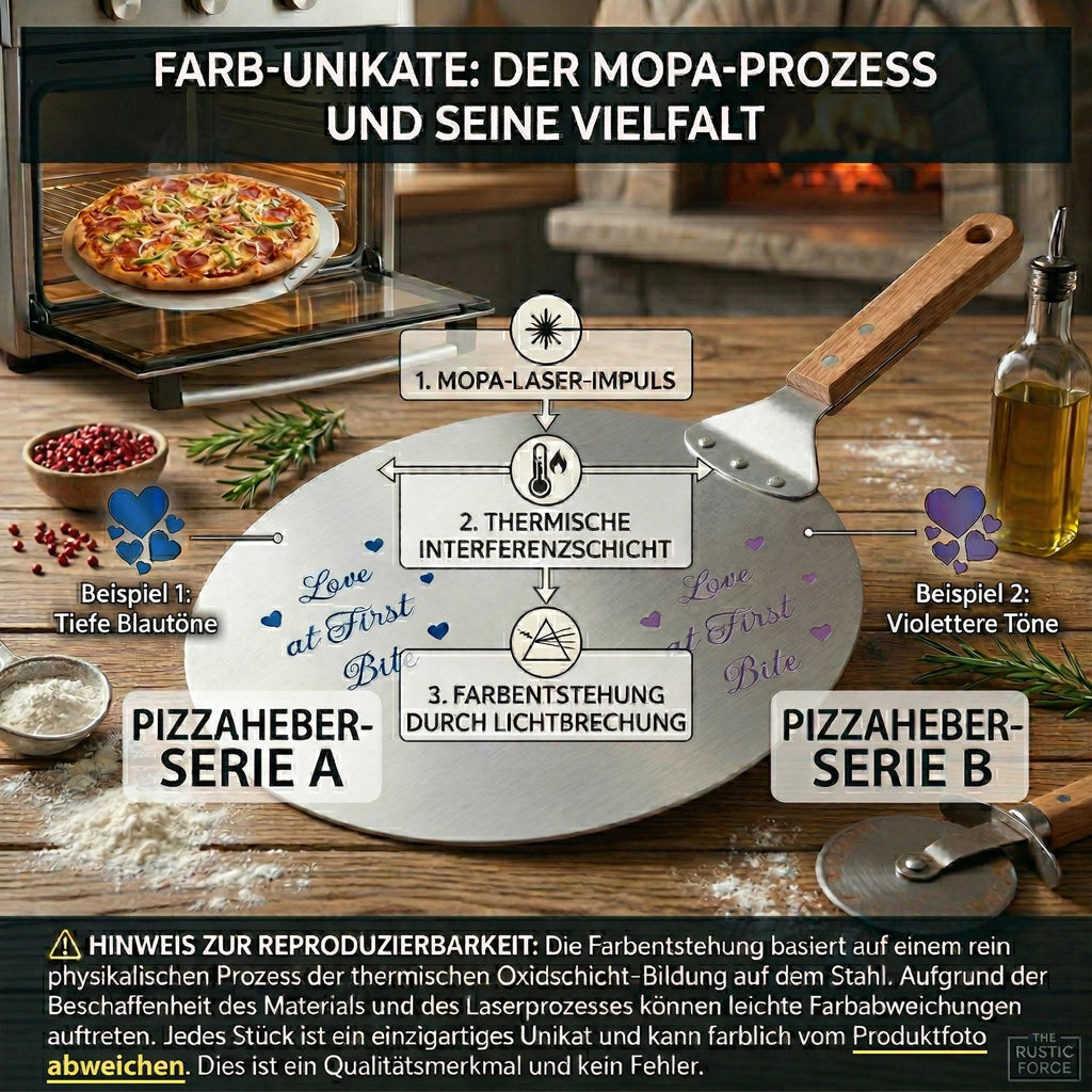 Personalisierter Pizzaheber aus Edelstahl mit bunter Lasergravur – „Love at First Bite“ Design – Hochwertige Veredelung – Perfektes Geschenk