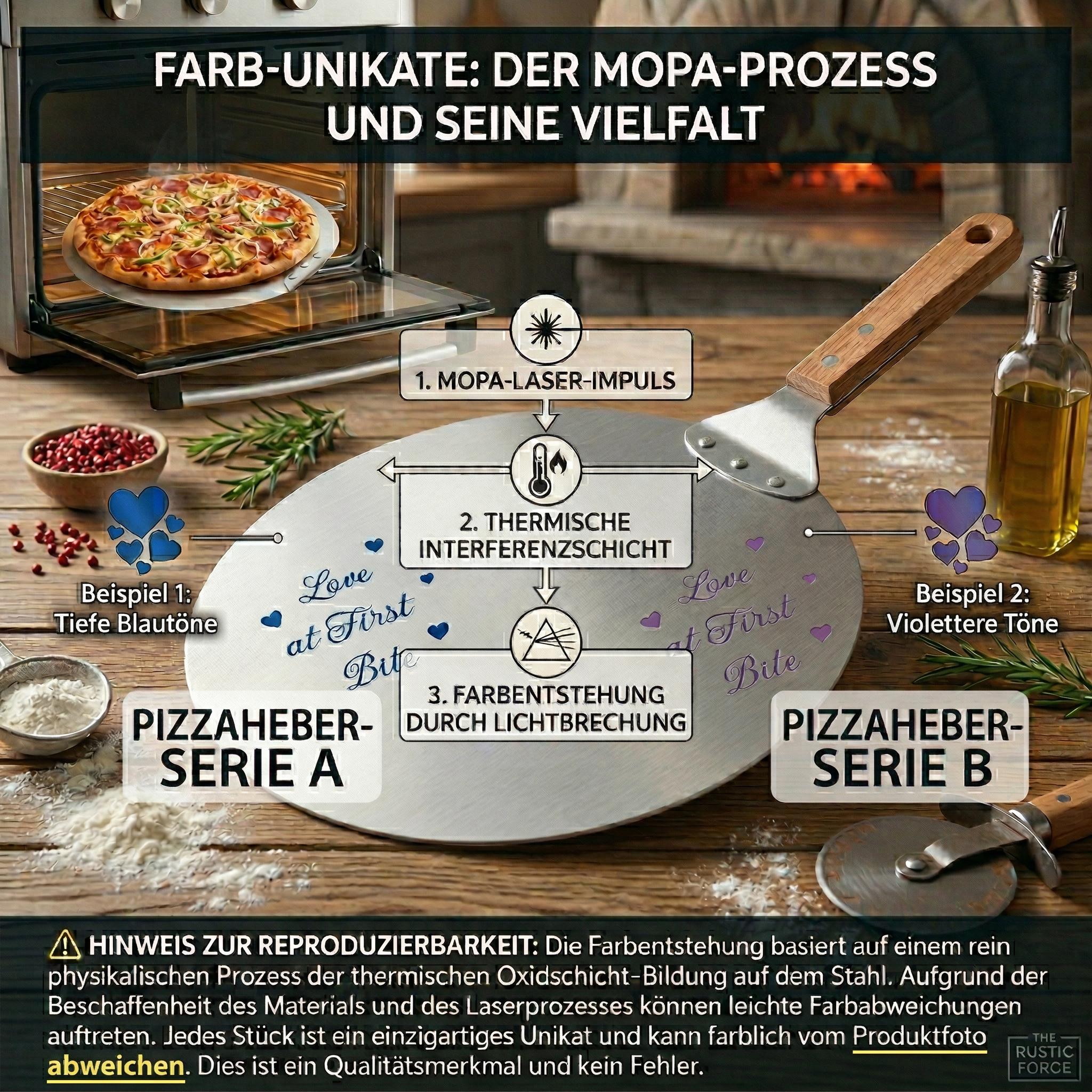 Personalisierter Pizzaheber aus Edelstahl mit bunter Lasergravur – „Love at First Bite“ Design – Hochwertige Veredelung – Perfektes Geschenk