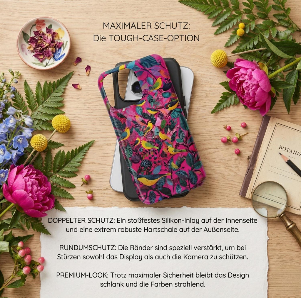 Tropische Vögel Handyhülle für iPhone Samsung S24 | Tough Case & Magnetische Hülle | Bunte Illustration Gelb Rosa | Versand aus Deutschland