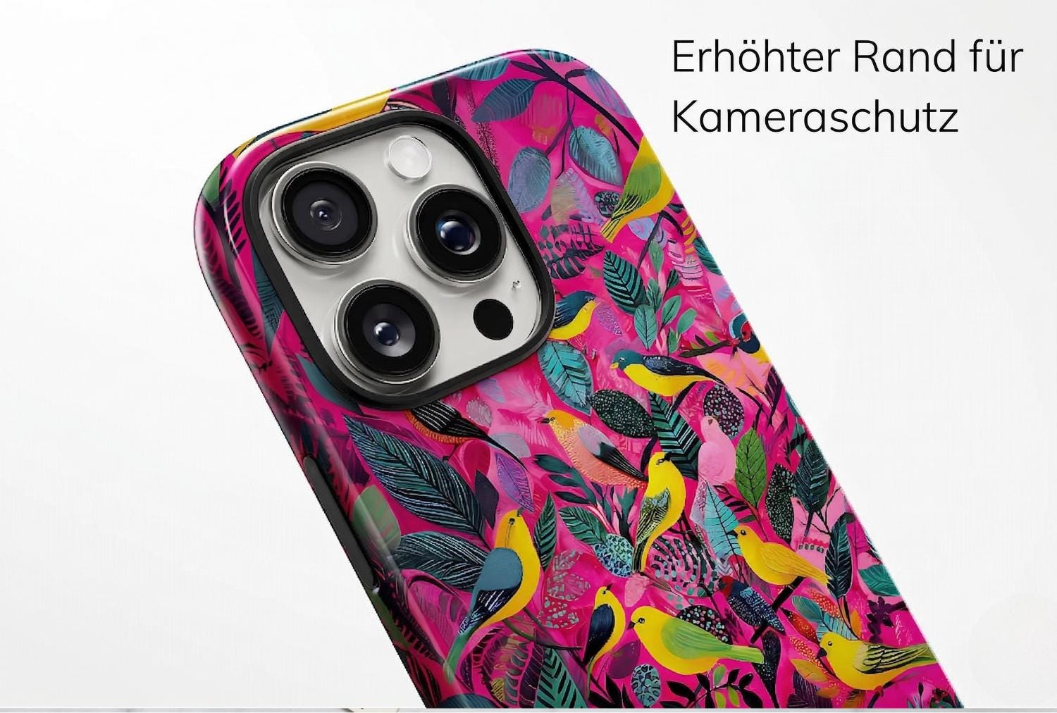 Tropische Vögel Handyhülle für iPhone Samsung S24 | Tough Case & Magnetische Hülle | Bunte Illustration Gelb Rosa | Versand aus Deutschland