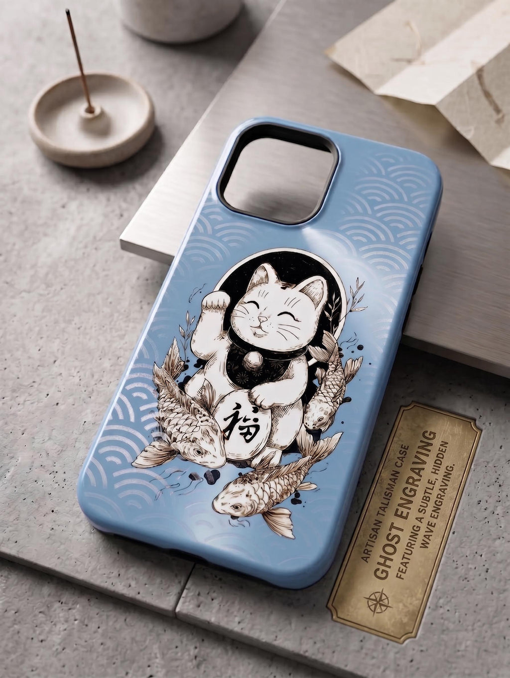 Personalized Maneki Neko Case for iPhone 16 15 Pro Max, Samsung S26 & Pixel 8 | Japanese Lucky Cat Hidden Wave Engraving | Magnetic Option