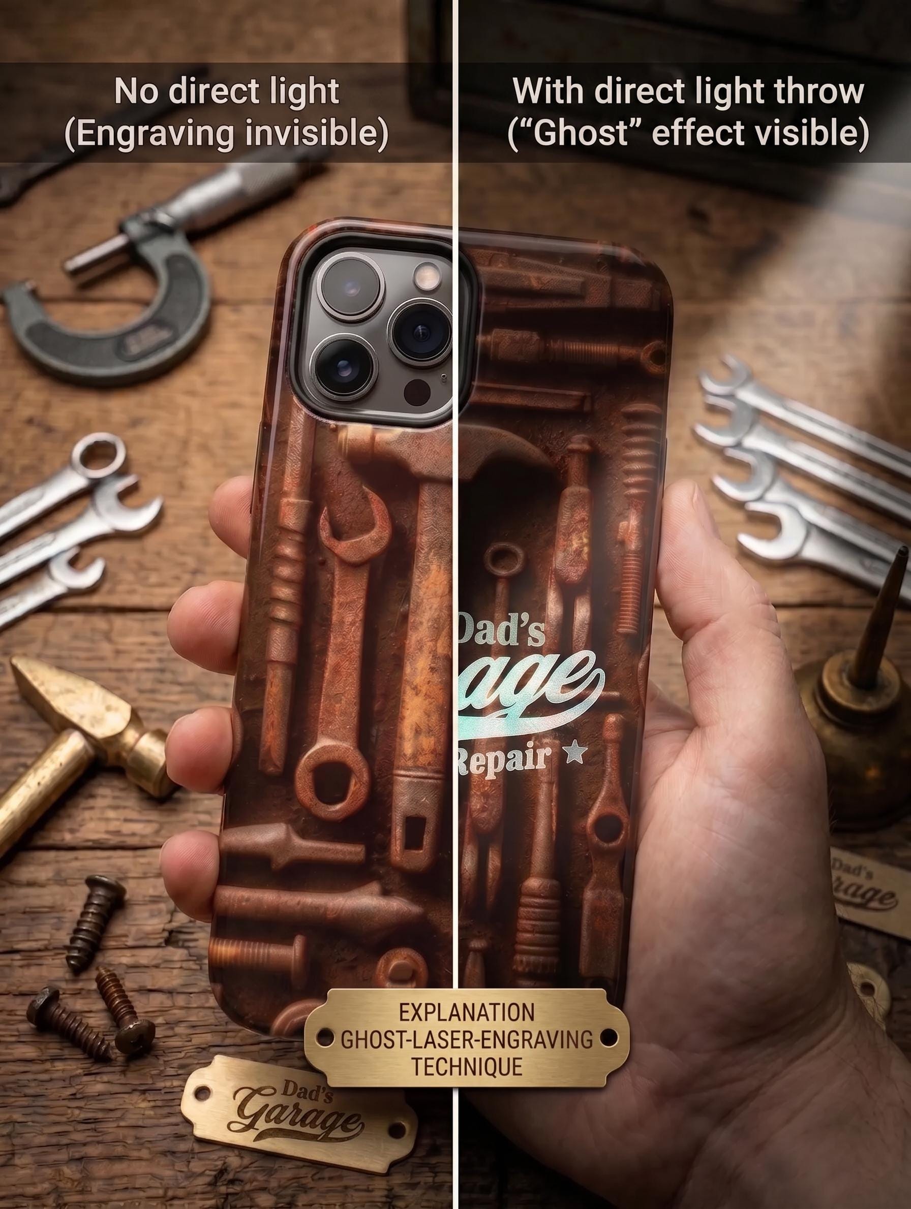 Personalized Dad Phone Case, Custom Garage Cover, Vintage Mechanic Tools Handyman Gift, Tough Case for iPhone 16 15 & Samsung S26 and Pixel