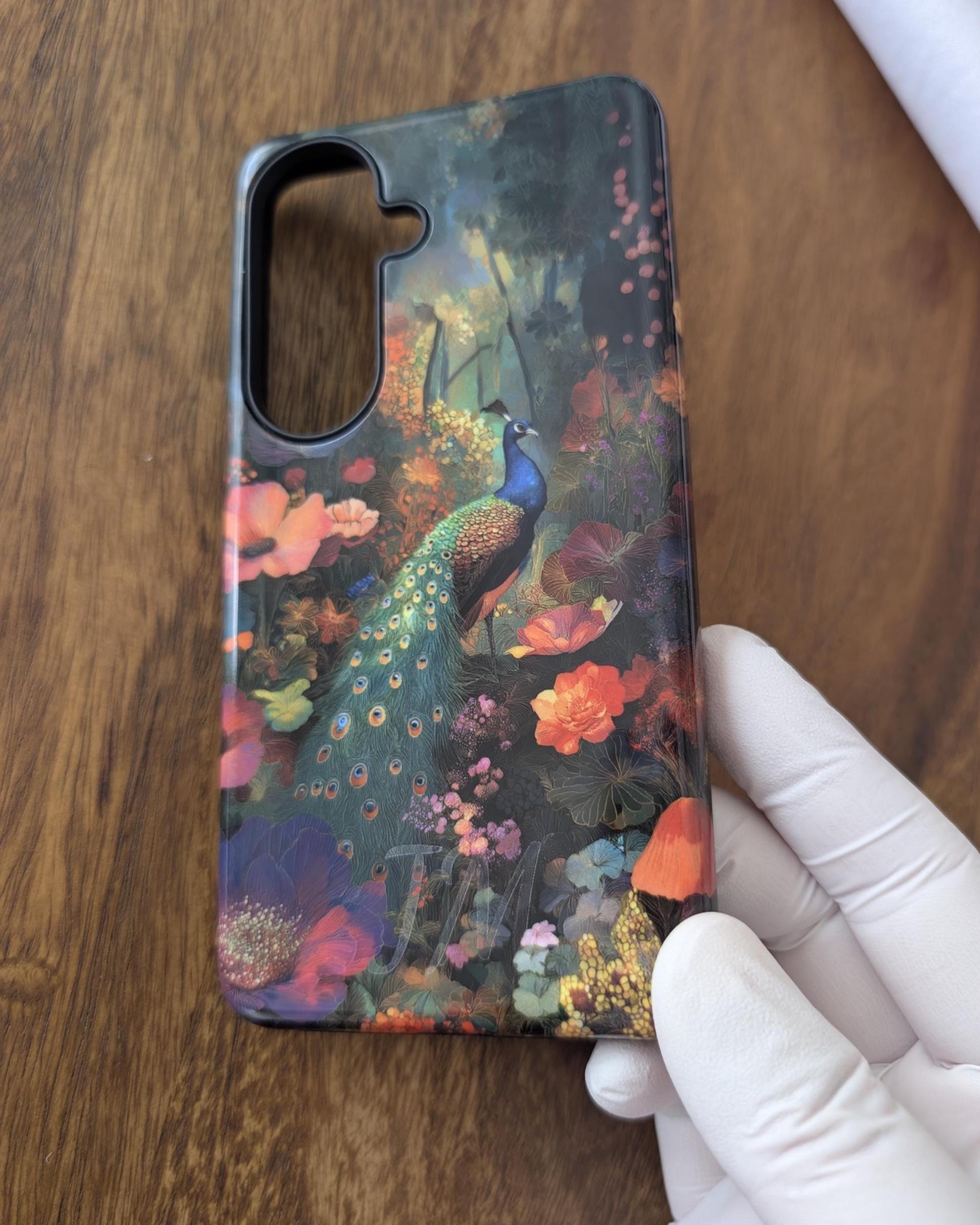 Unique Peacock Phone Case | Custom Floral Tough Case for iPhone 17 16 15 & Samsung S25 and Pixel | Magnetic Case | Monogram Ghost Engraving