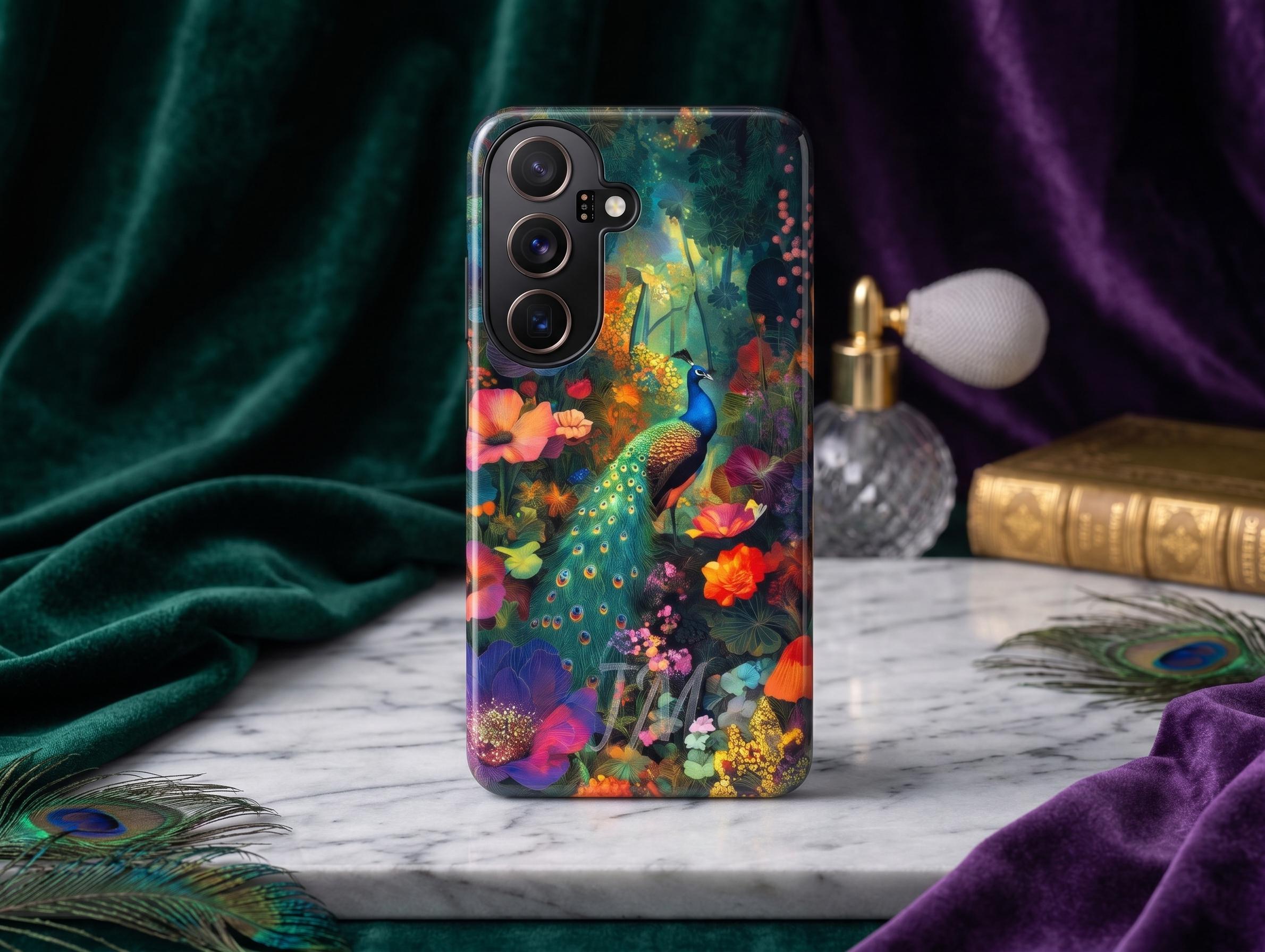 Unique Peacock Phone Case | Custom Floral Tough Case for iPhone 17 16 15 & Samsung S25 and Pixel | Magnetic Case | Monogram Ghost Engraving