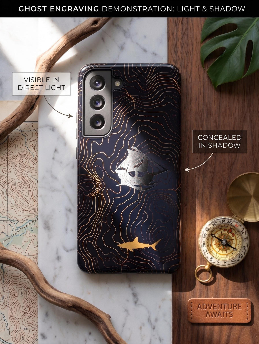 Personalized Engraved Shark Phone Case, Topographic Map Nautical Cover, Ghost Ship Tough Case for iPhone 16 15 & Samsung S26 and Pixel 8 9