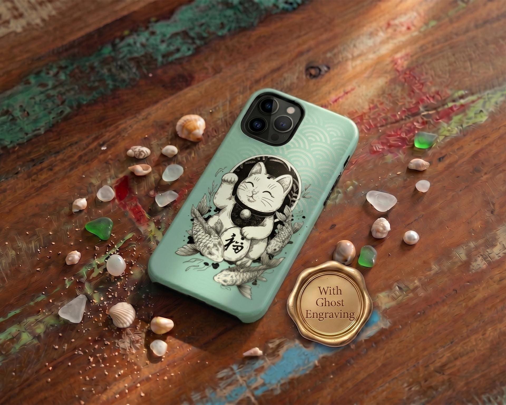 Personalized Maneki Neko Case for iPhone 16 15 Pro Max, Samsung S26 & Pixel 8 | Japanese Lucky Cat Hidden Wave Engraving | Magnetic Option
