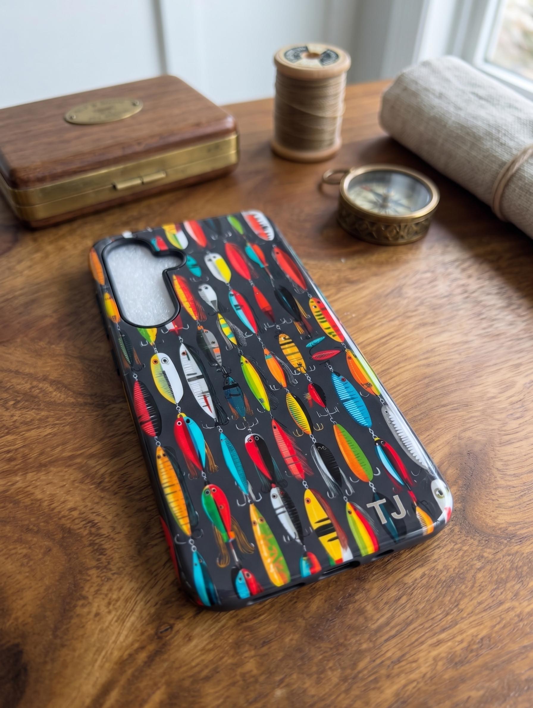 Personalized Fishing Lure Phone Case for iPhone and Samsung | Magnetic Tough Case with Custom Laser Engraved Initials | Fisherman Gift