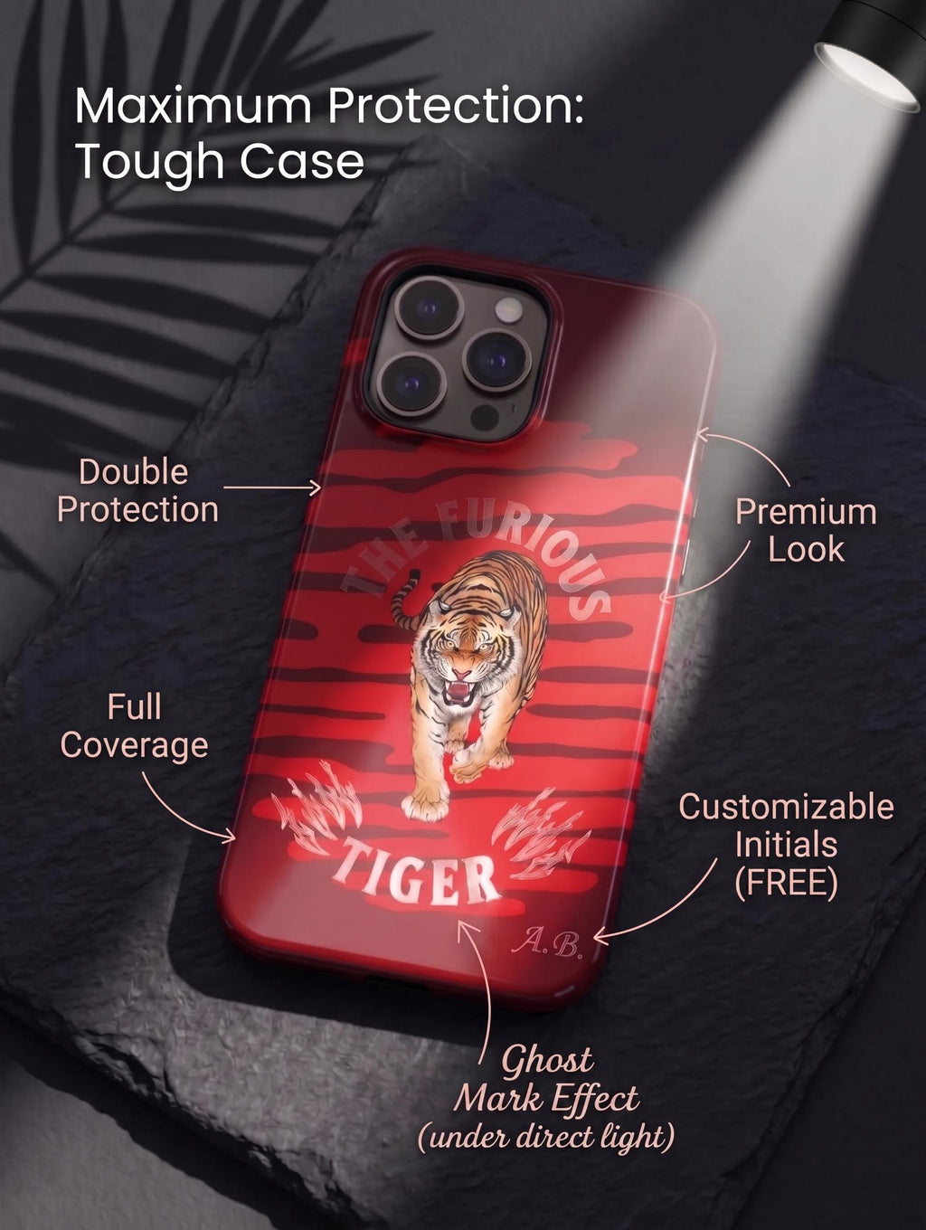 Tiger Phone Case - GhostMark Effect - Tough Case for iPhone 16 15 14 & Samsung S25 S24 - Initials and Magnetic Case