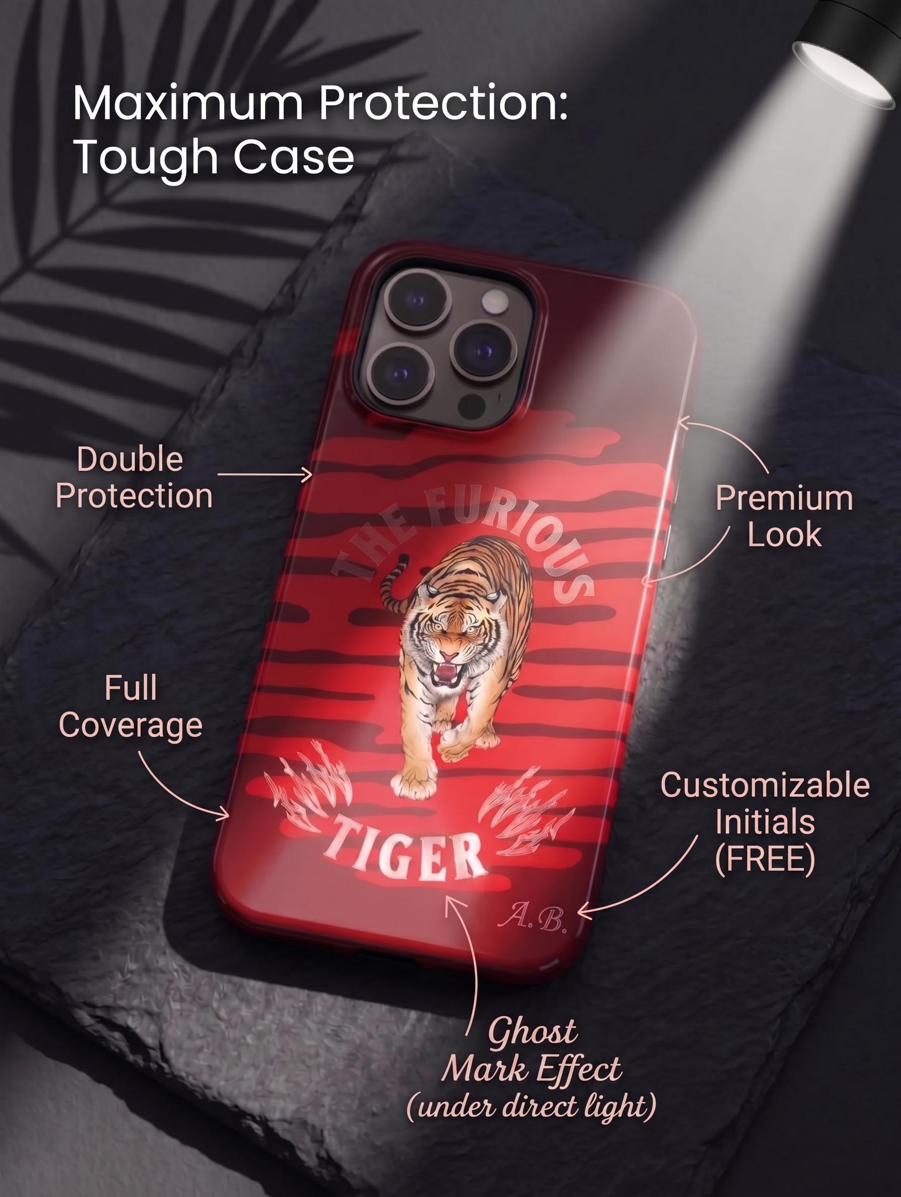 Tiger Phone Case - GhostMark Effect - Tough Case for iPhone 16 15 14 & Samsung S25 S24 - Initials and Magnetic Case