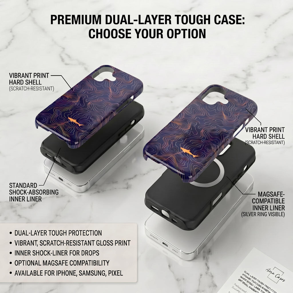 Personalized Engraved Shark Phone Case, Topographic Map Nautical Cover, Ghost Ship Tough Case for iPhone 16 15 & Samsung S26 and Pixel 8 9