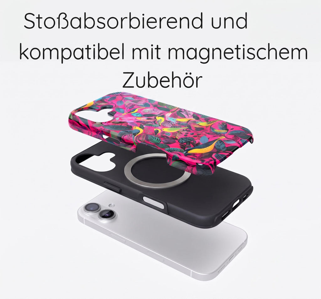 Tropische Vögel Handyhülle für iPhone Samsung S24 | Tough Case & Magnetische Hülle | Bunte Illustration Gelb Rosa | Versand aus Deutschland