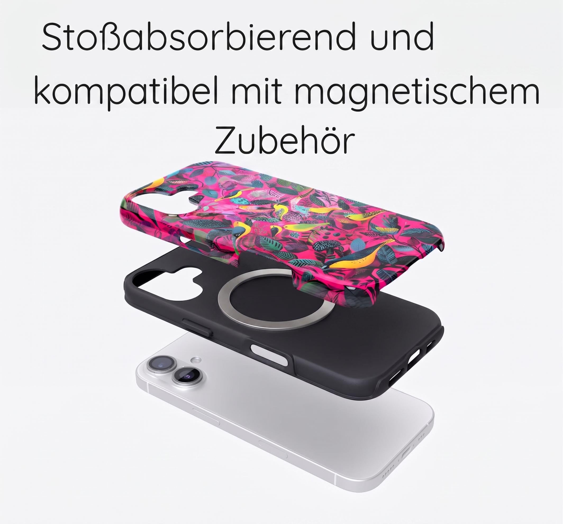 Tropische Vögel Handyhülle für iPhone Samsung S24 | Tough Case & Magnetische Hülle | Bunte Illustration Gelb Rosa | Versand aus Deutschland
