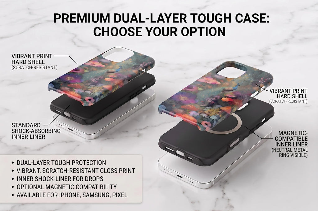 Unique Peacock Phone Case | Custom Floral Tough Case for iPhone 17 16 15 & Samsung S25 and Pixel | Magnetic Case | Monogram Ghost Engraving