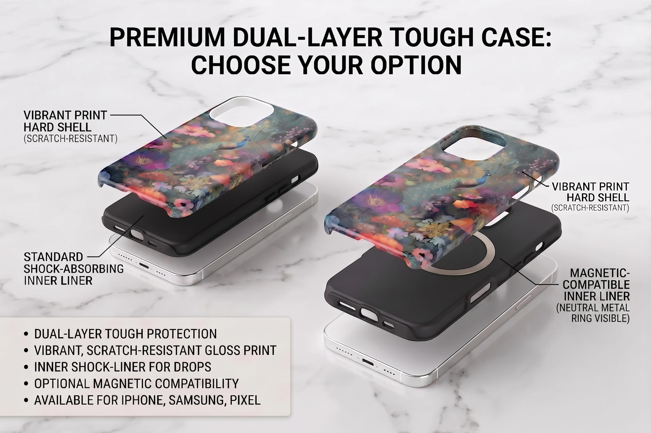 Unique Peacock Phone Case | Custom Floral Tough Case for iPhone 17 16 15 & Samsung S25 and Pixel | Magnetic Case | Monogram Ghost Engraving
