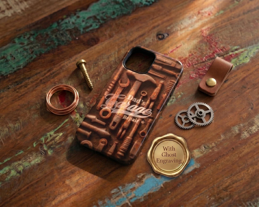 Personalized Dad Phone Case, Custom Garage Cover, Vintage Mechanic Tools Handyman Gift, Tough Case for iPhone 16 15 & Samsung S26 and Pixel