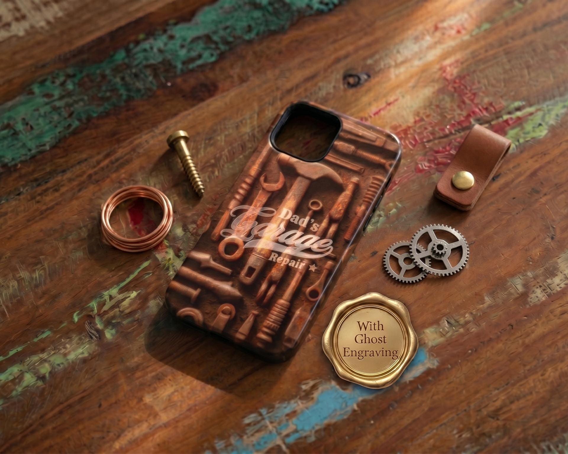 Personalized Dad Phone Case, Custom Garage Cover, Vintage Mechanic Tools Handyman Gift, Tough Case for iPhone 16 15 & Samsung S26 and Pixel