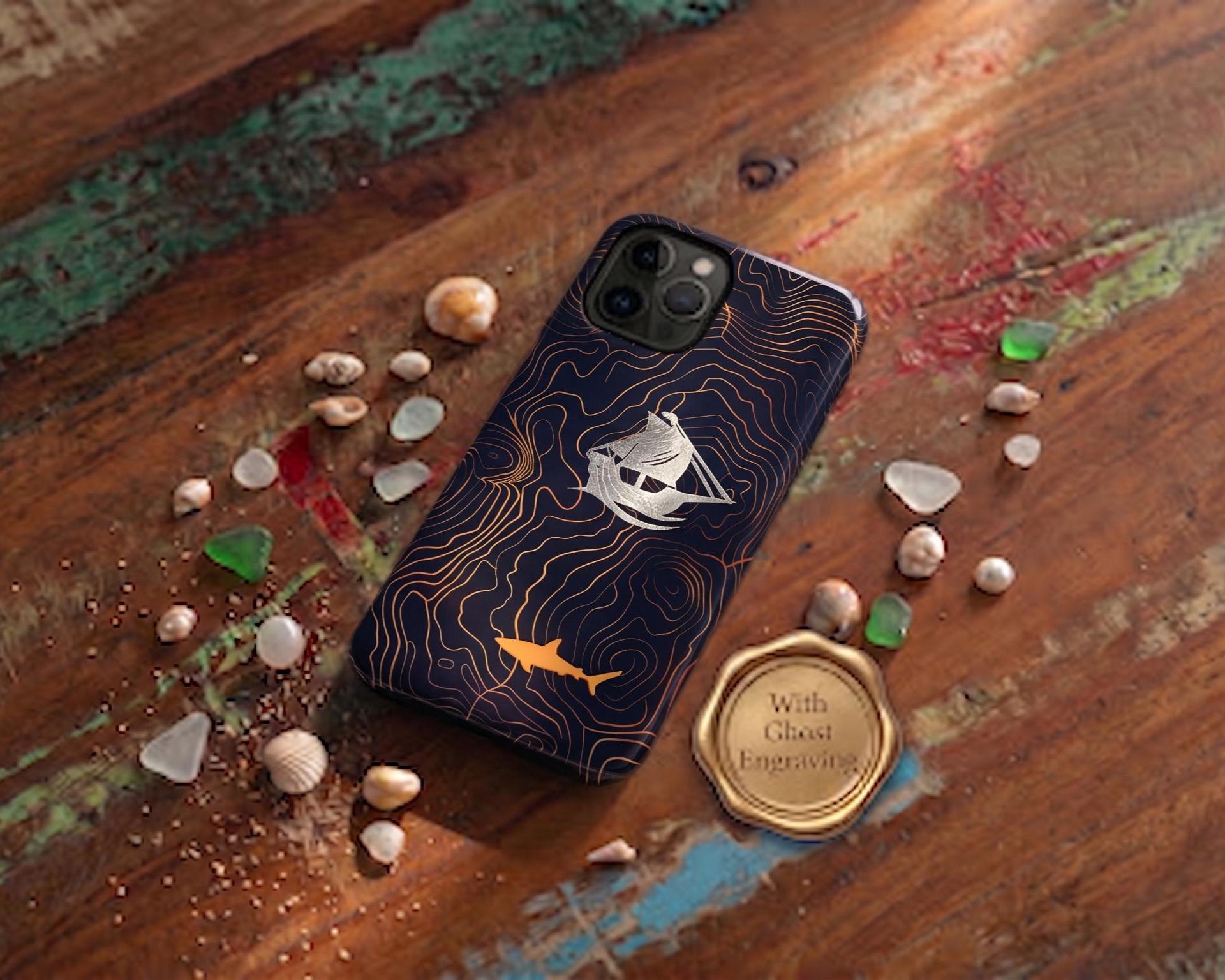 Personalized Engraved Shark Phone Case, Topographic Map Nautical Cover, Ghost Ship Tough Case for iPhone 16 15 & Samsung S26 and Pixel 8 9