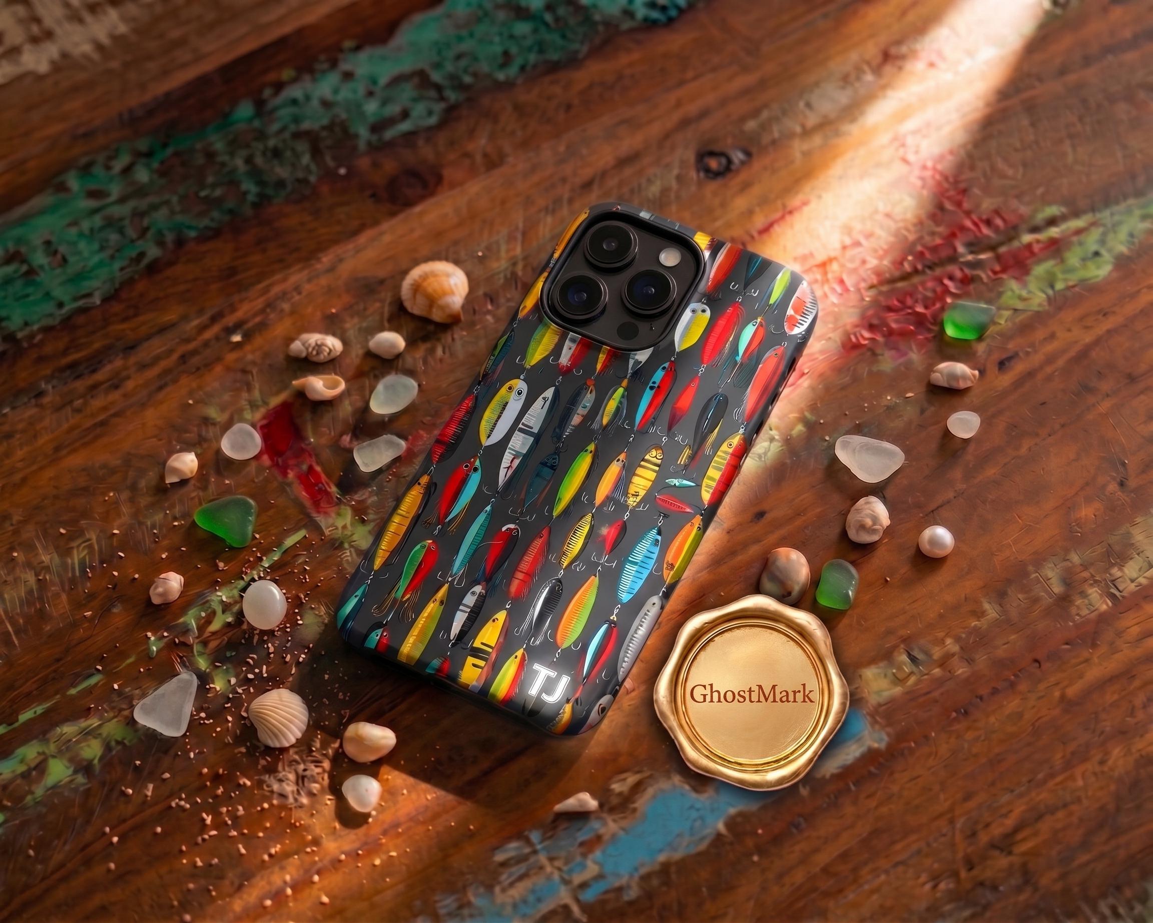Personalized Fishing Lure Phone Case for iPhone and Samsung | Magnetic Tough Case with Custom Laser Engraved Initials | Fisherman Gift