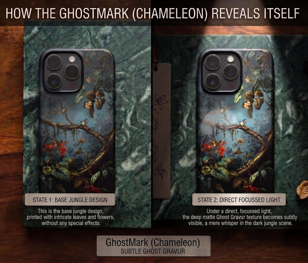 GhostMark Chameleon Phone Case, Dark Jungle Botanical Tough Case, Magnetic Wireless Charging Cover, Secret Laser Engraving Art, Nature Gift