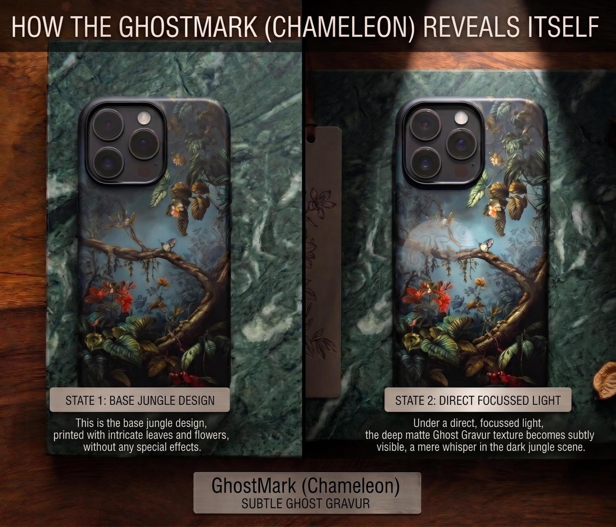 GhostMark Chameleon Phone Case, Dark Jungle Botanical Tough Case, Magnetic Wireless Charging Cover, Secret Laser Engraving Art, Nature Gift