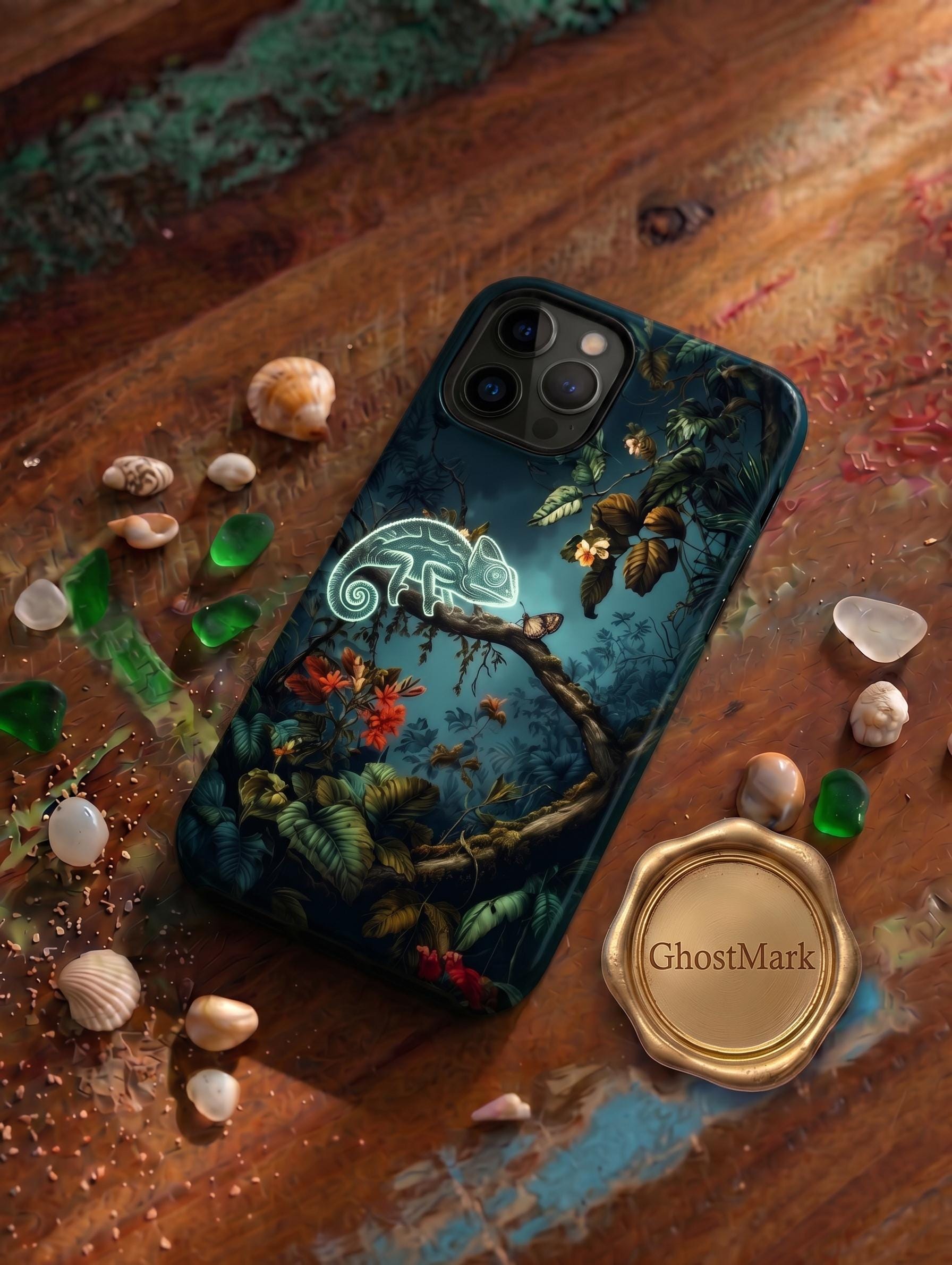 GhostMark Chameleon Phone Case, Dark Jungle Botanical Tough Case, Magnetic Wireless Charging Cover, Secret Laser Engraving Art, Nature Gift