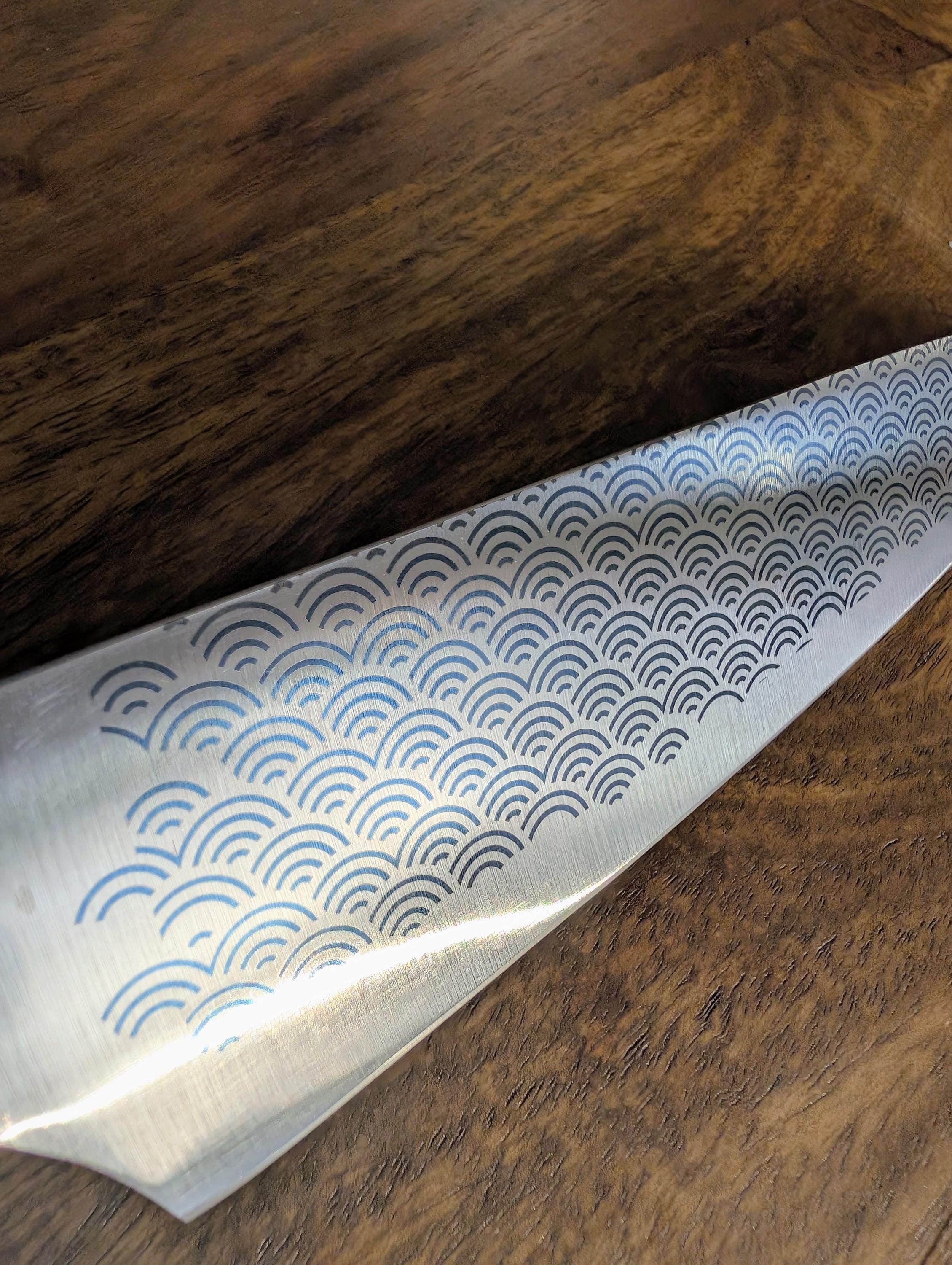Custom Chef Knife with Blue Engraving | Japanese Wave Pattern Knife | Gift for Home Cooks & Pitmasters | Kitchen Knife with Name