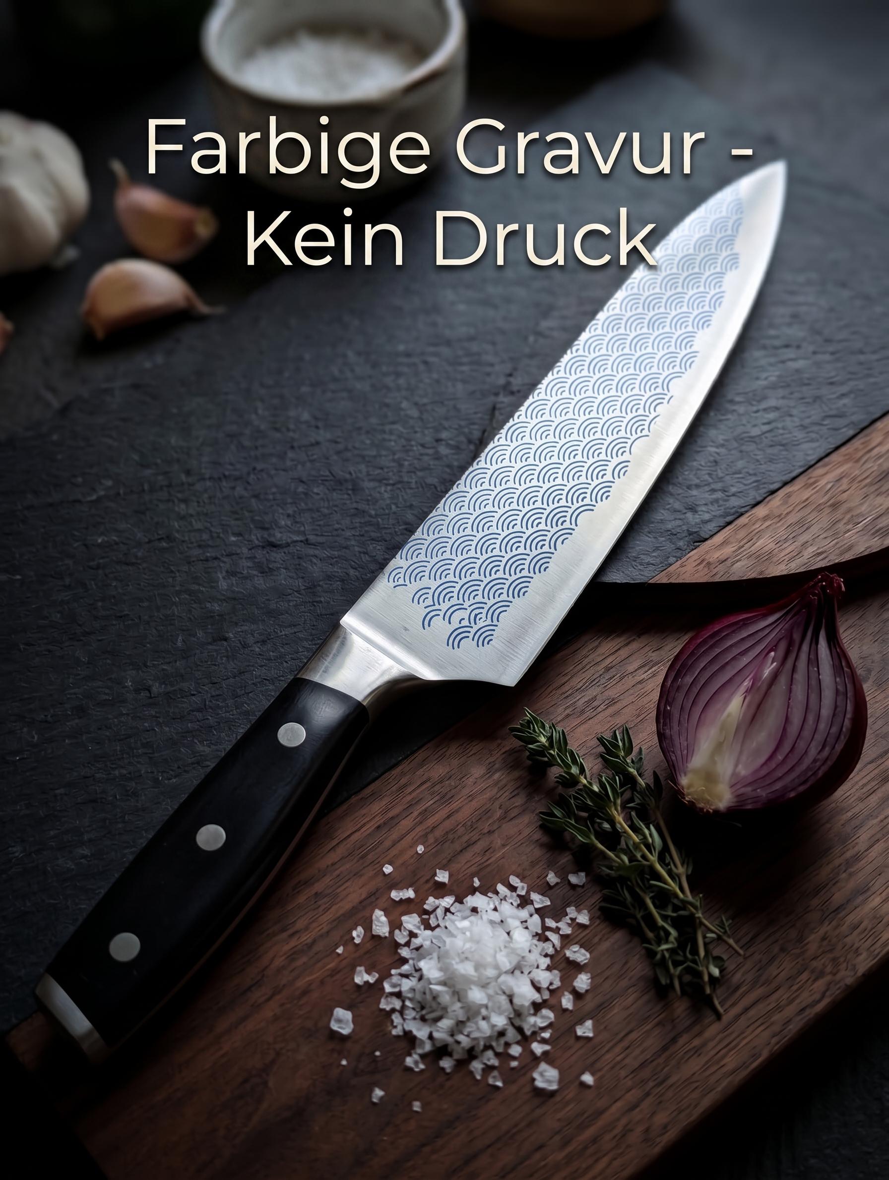 Personalisiertes Kochmesser mit blauer Gravur | Japanisches Wellenmuster Messer | Geschenk für Hobbyköche & Grillmeister | Küchenmesser Name
