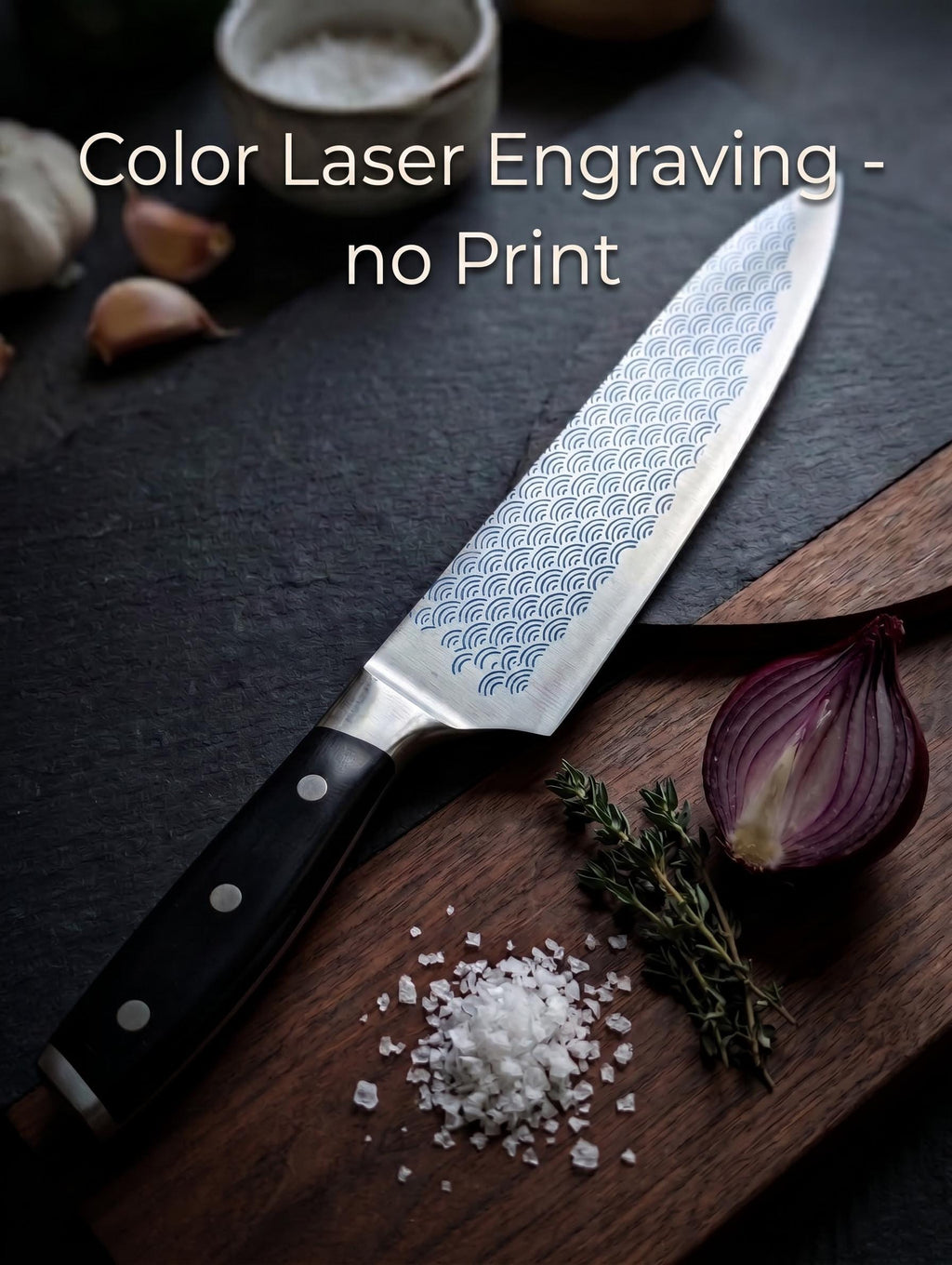 Custom Chef Knife with Blue Engraving | Japanese Wave Pattern Knife | Gift for Home Cooks & Pitmasters | Kitchen Knife with Name