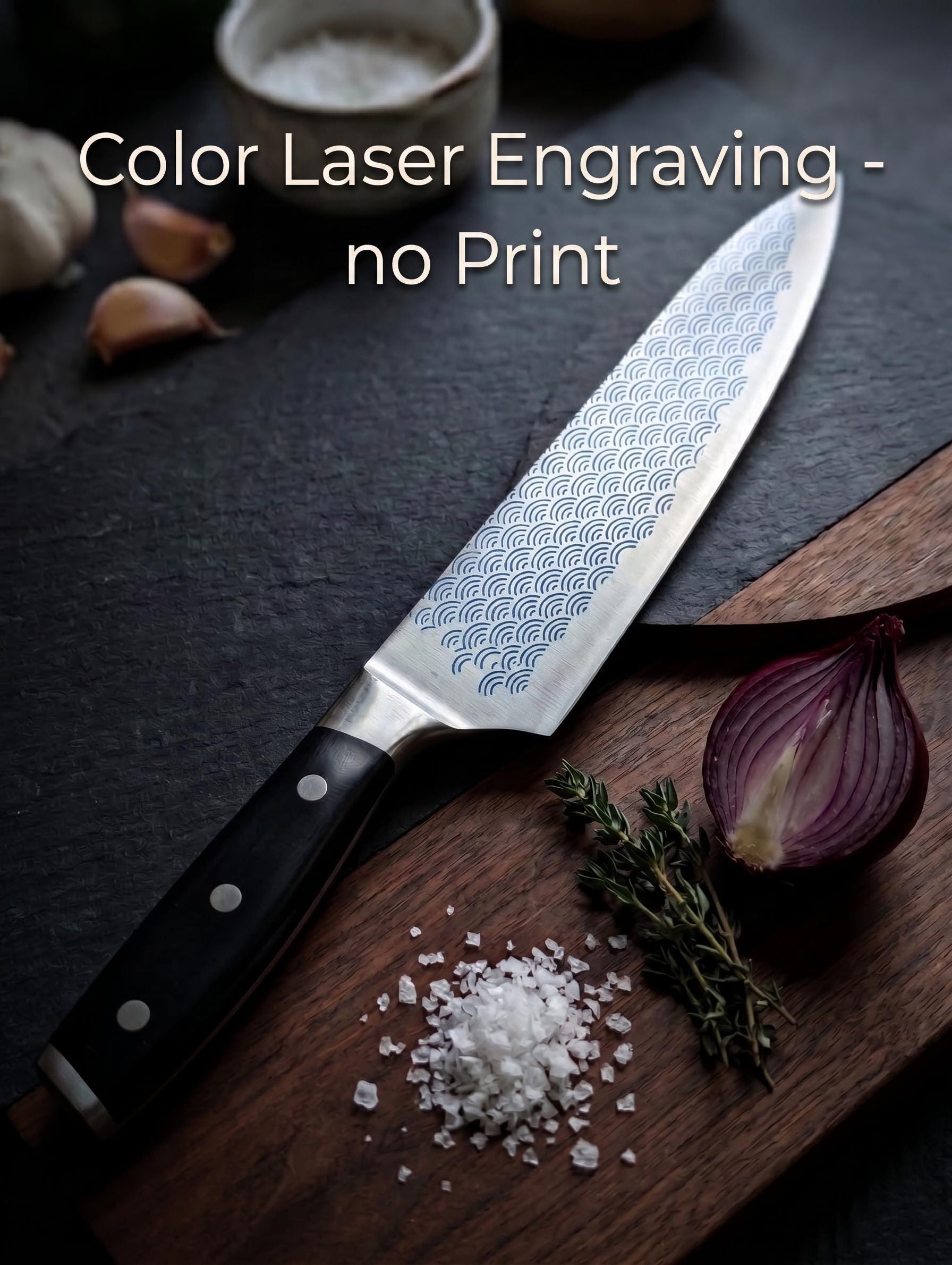 Custom Chef Knife with Blue Engraving | Japanese Wave Pattern Knife | Gift for Home Cooks & Pitmasters | Kitchen Knife with Name