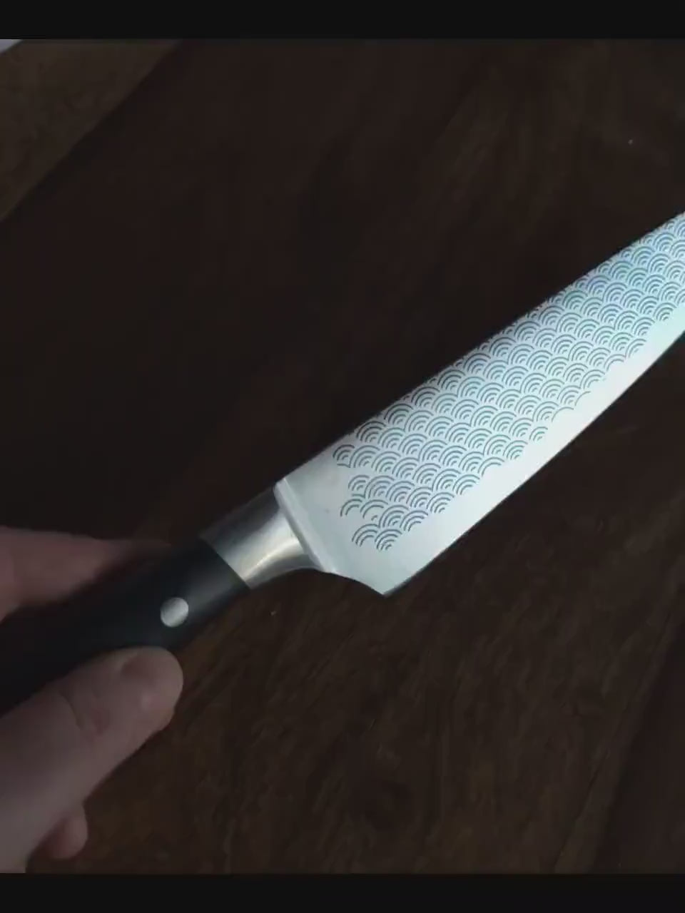 Custom Chef Knife with Blue Engraving | Japanese Wave Pattern Knife | Gift for Home Cooks & Pitmasters | Kitchen Knife with Name