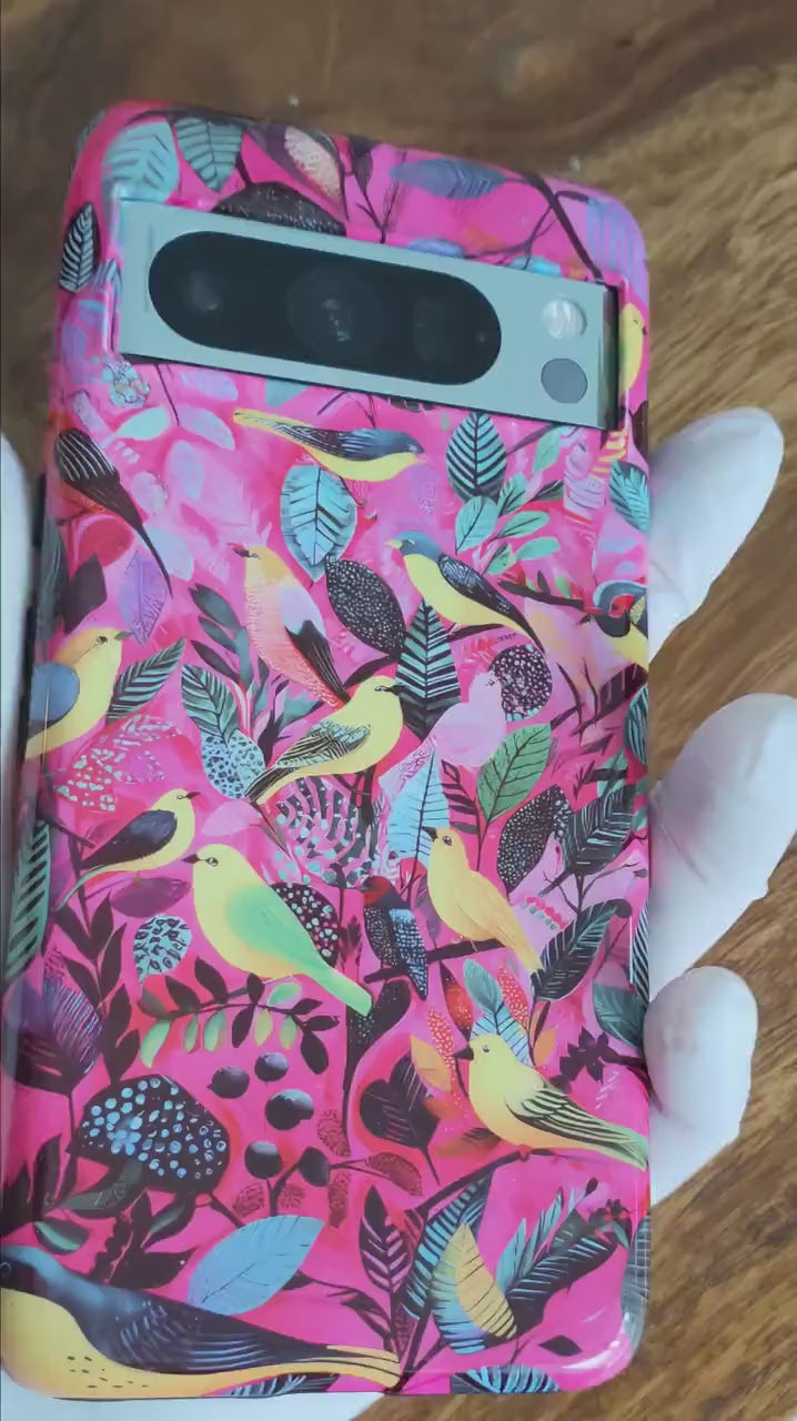 Tropische Vögel Handyhülle für iPhone Samsung S24 | Tough Case & Magnetische Hülle | Bunte Illustration Gelb Rosa | Versand aus Deutschland